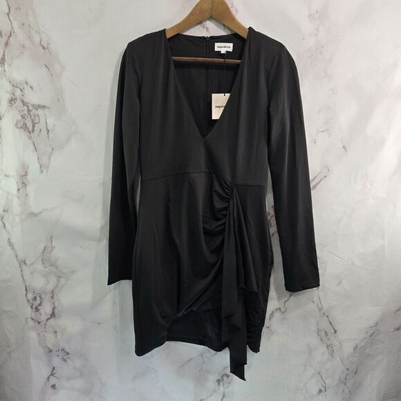 Superdown Dress Womens Large Black Martyna Deep V Flounce Flutter Bodycon Mini